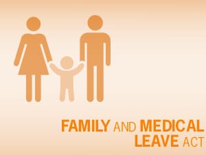 Family and Medical Leave Act orange image with a silhouette of a man, woman and child holding hands. 