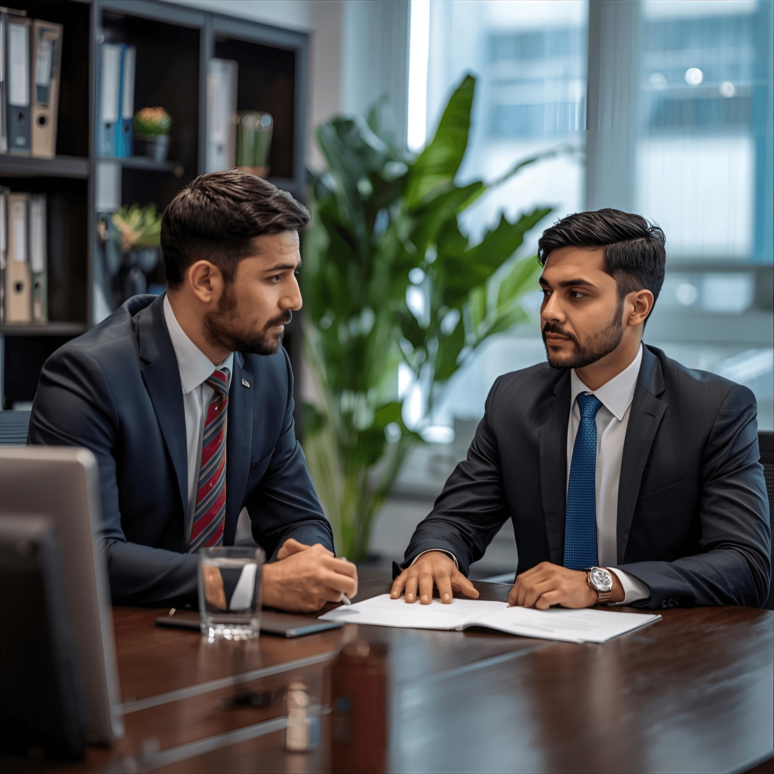 Attorney in a suit talking to a victim of sexual harassment. 