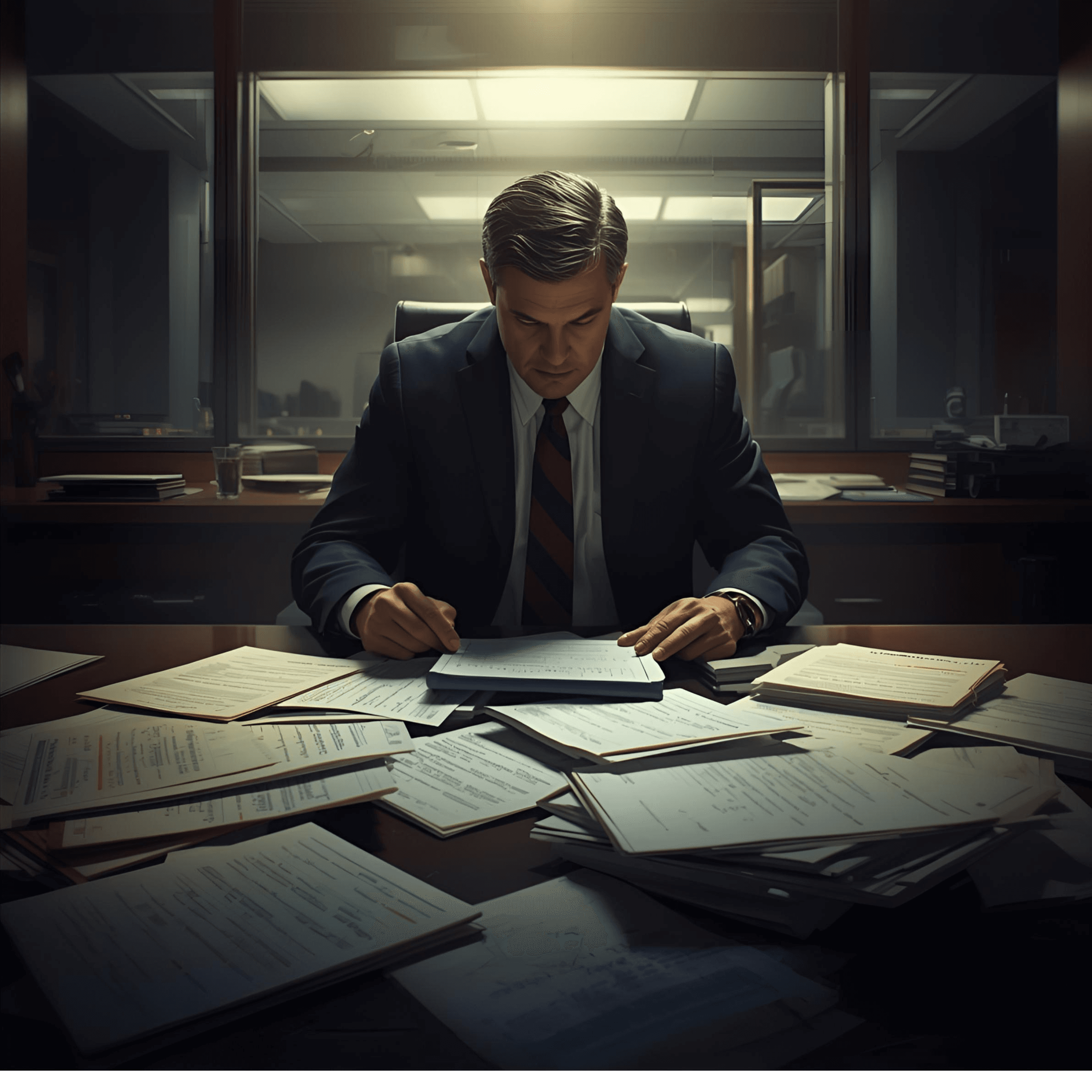 Lawyer in corporate attire working on a whistleblower case.