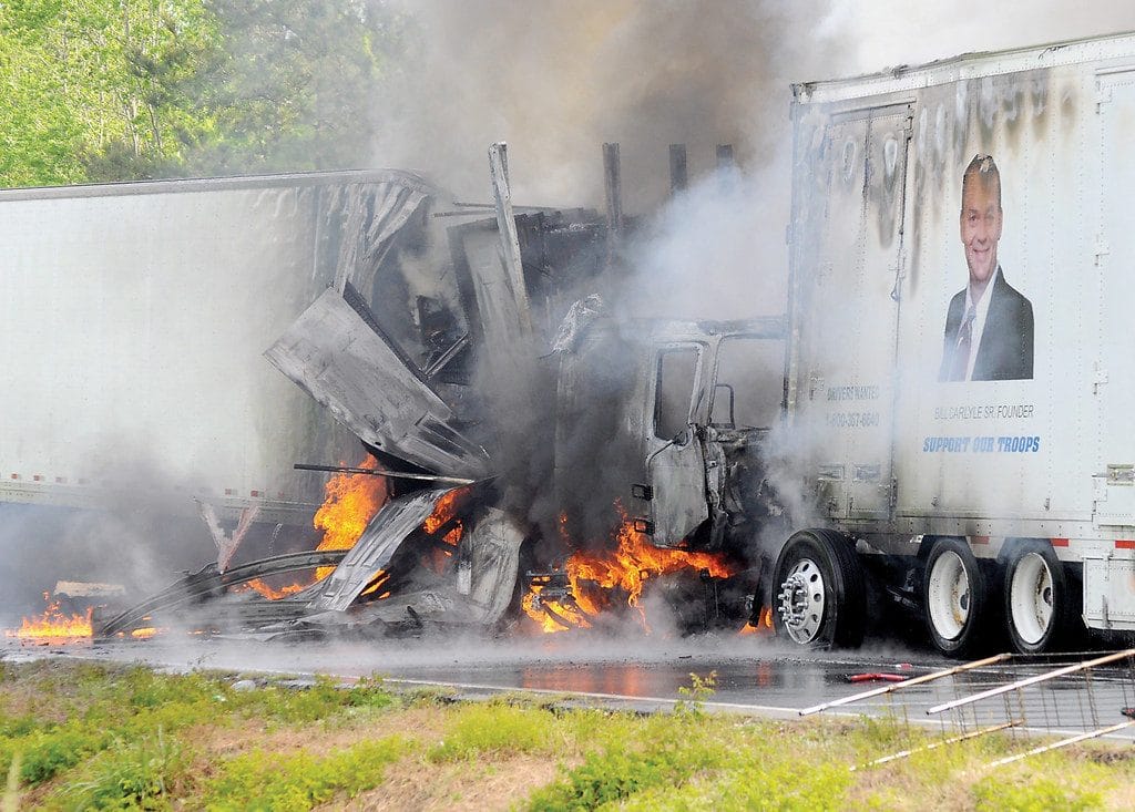 18-Wheeler Accident. The truck is on fire.