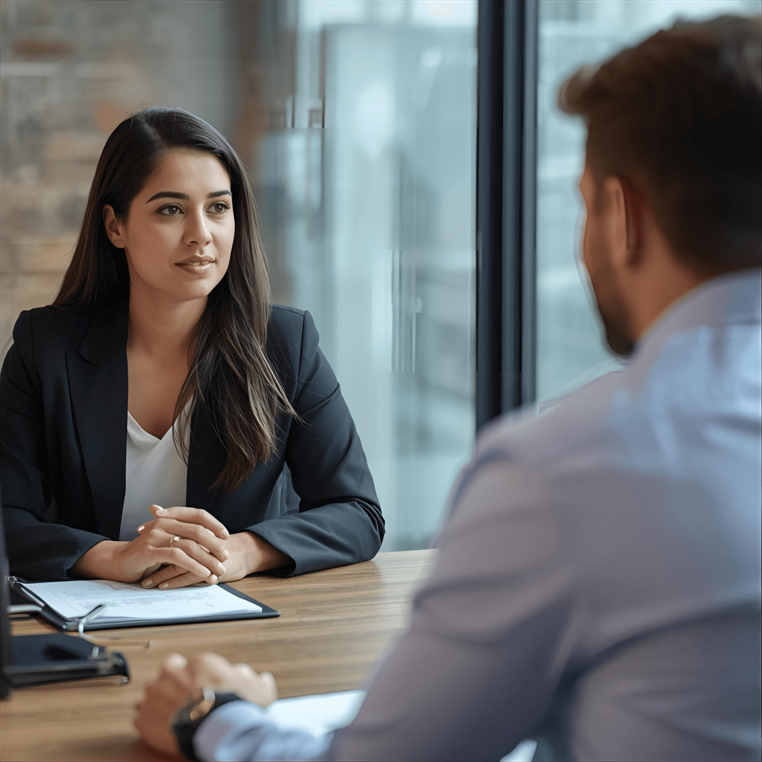 A woman in a black blazer sits across a table from a man in a light blue shirt during a business meeting or job interview.
