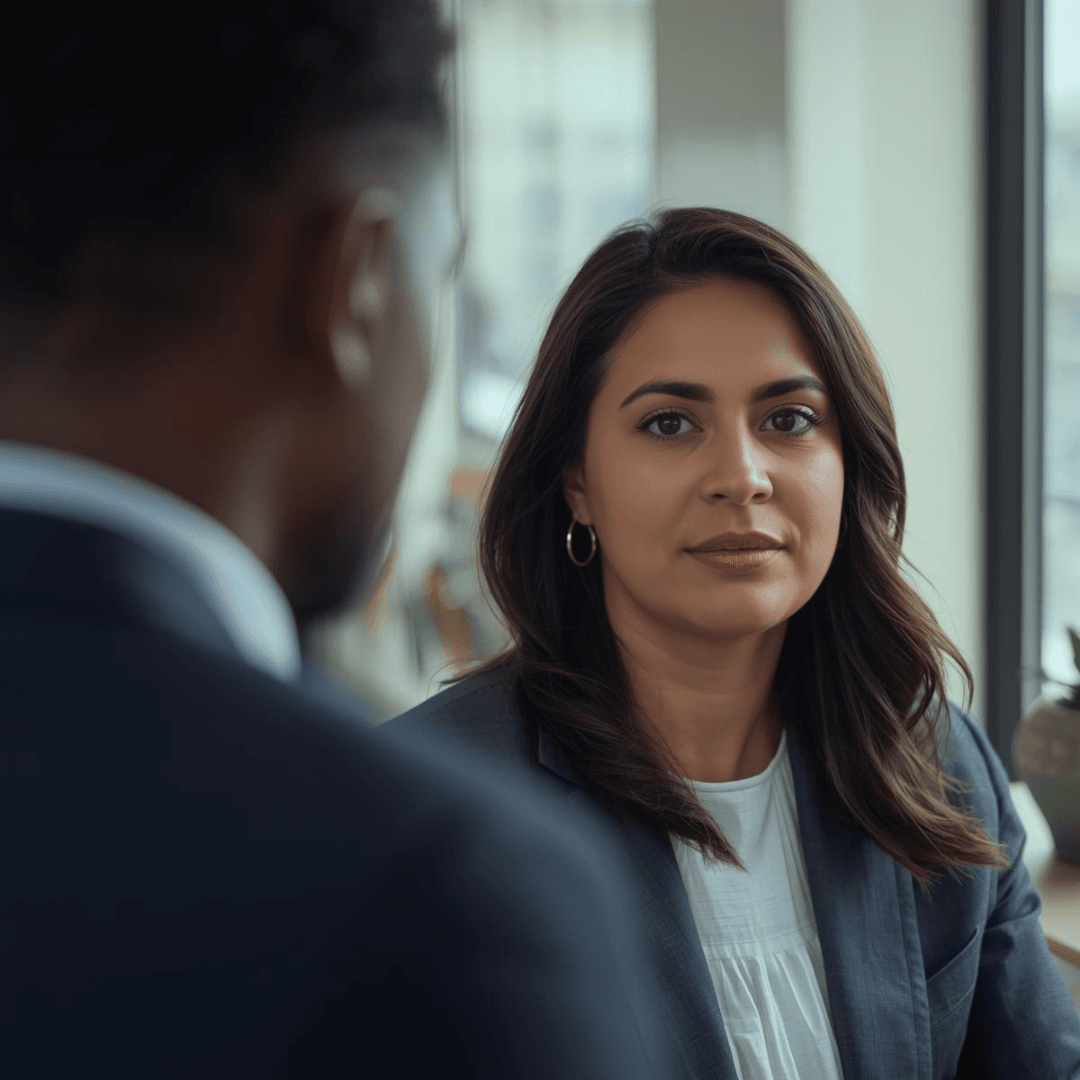 This image shows a person focused on another individual in a professional or casual setting.