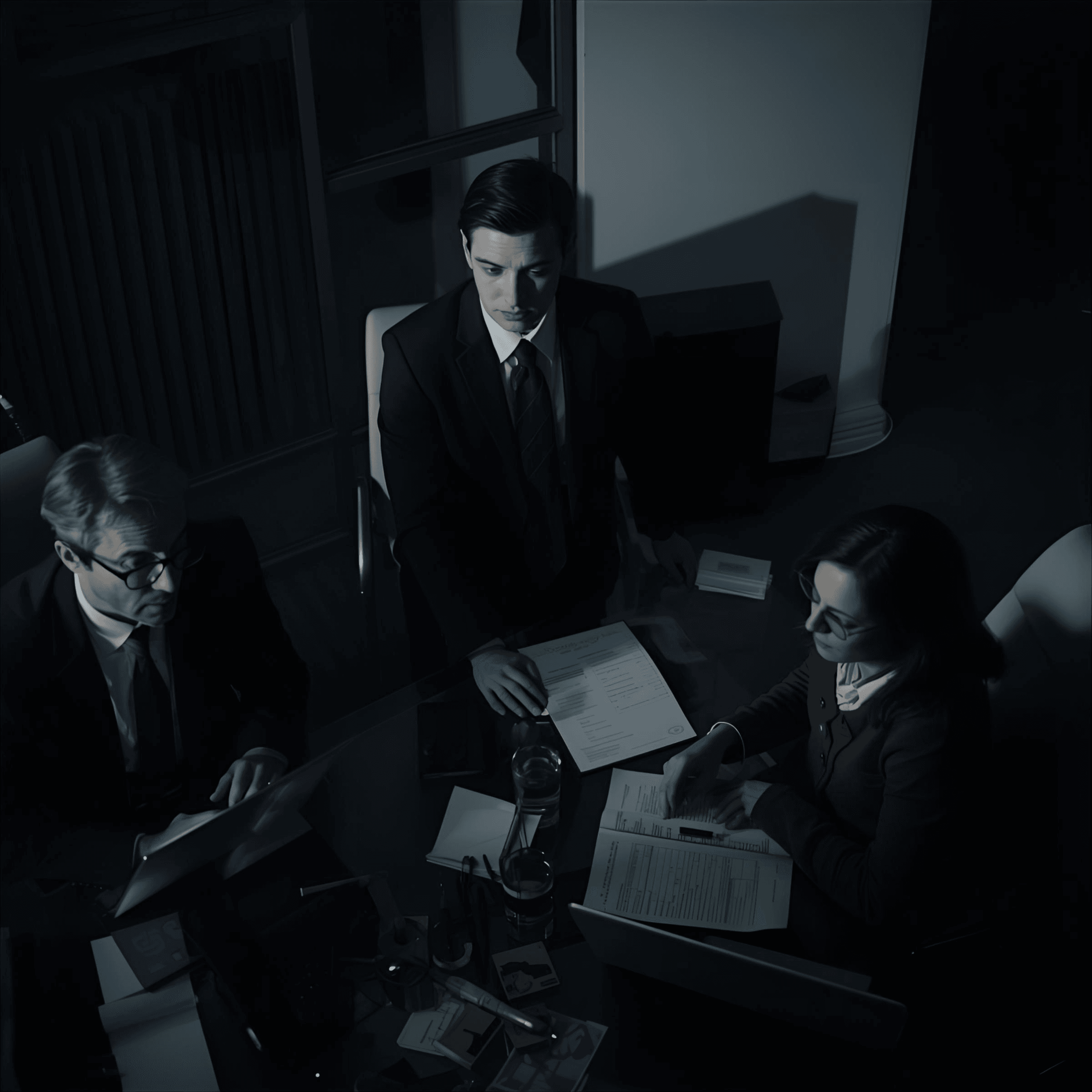 Law firm team sitting at a desk in a dark room discussing an age discrimination case.