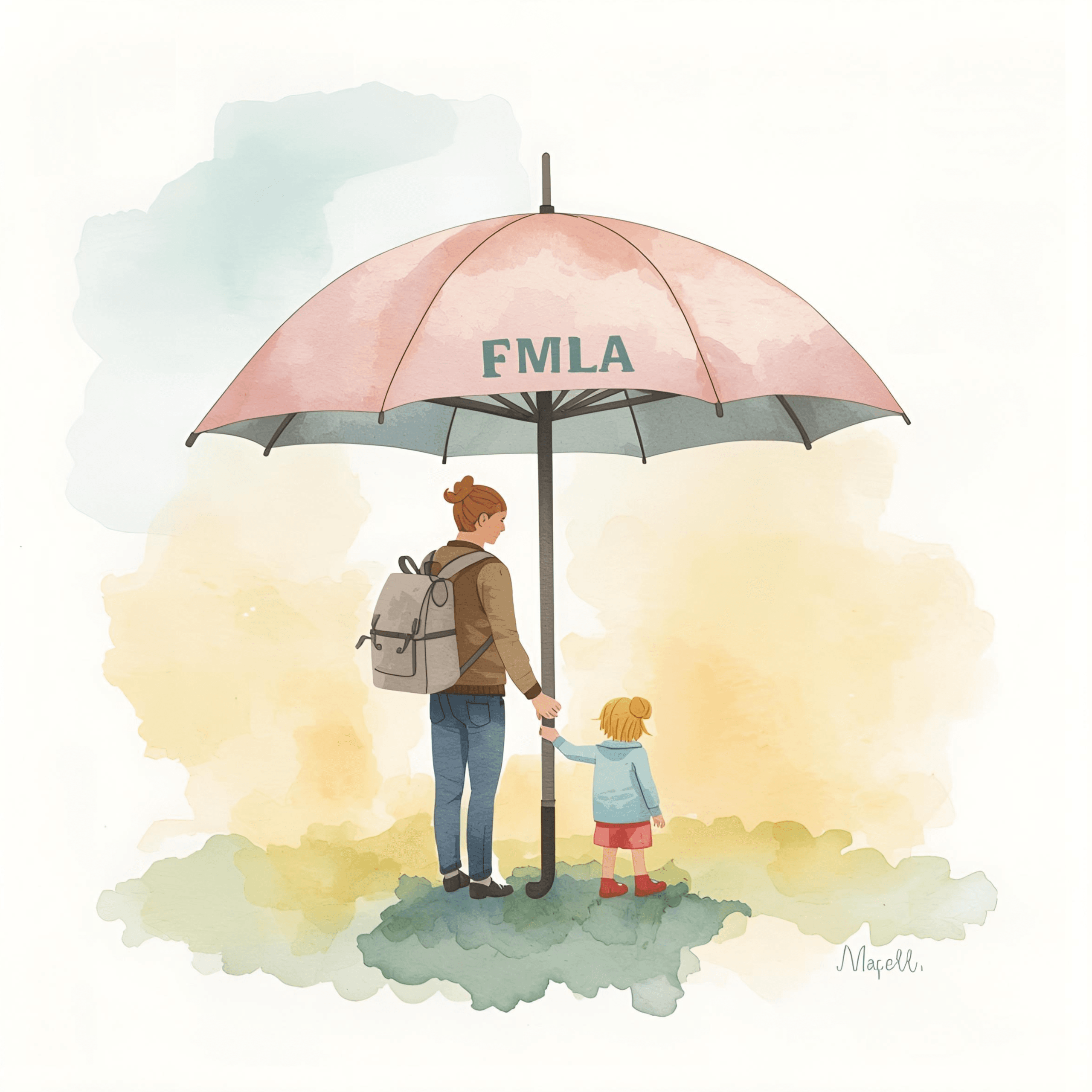 This image is an illustration titled "Unspoken Bonds" by artist Marell.
The artwork features a watercolor style depicting a parent and child standing together under a single umbrella.
The umbrella in the illustration has the acronym "FMLA" written on it.
The overall theme focuses on themes of protection, care, and family bonds.
