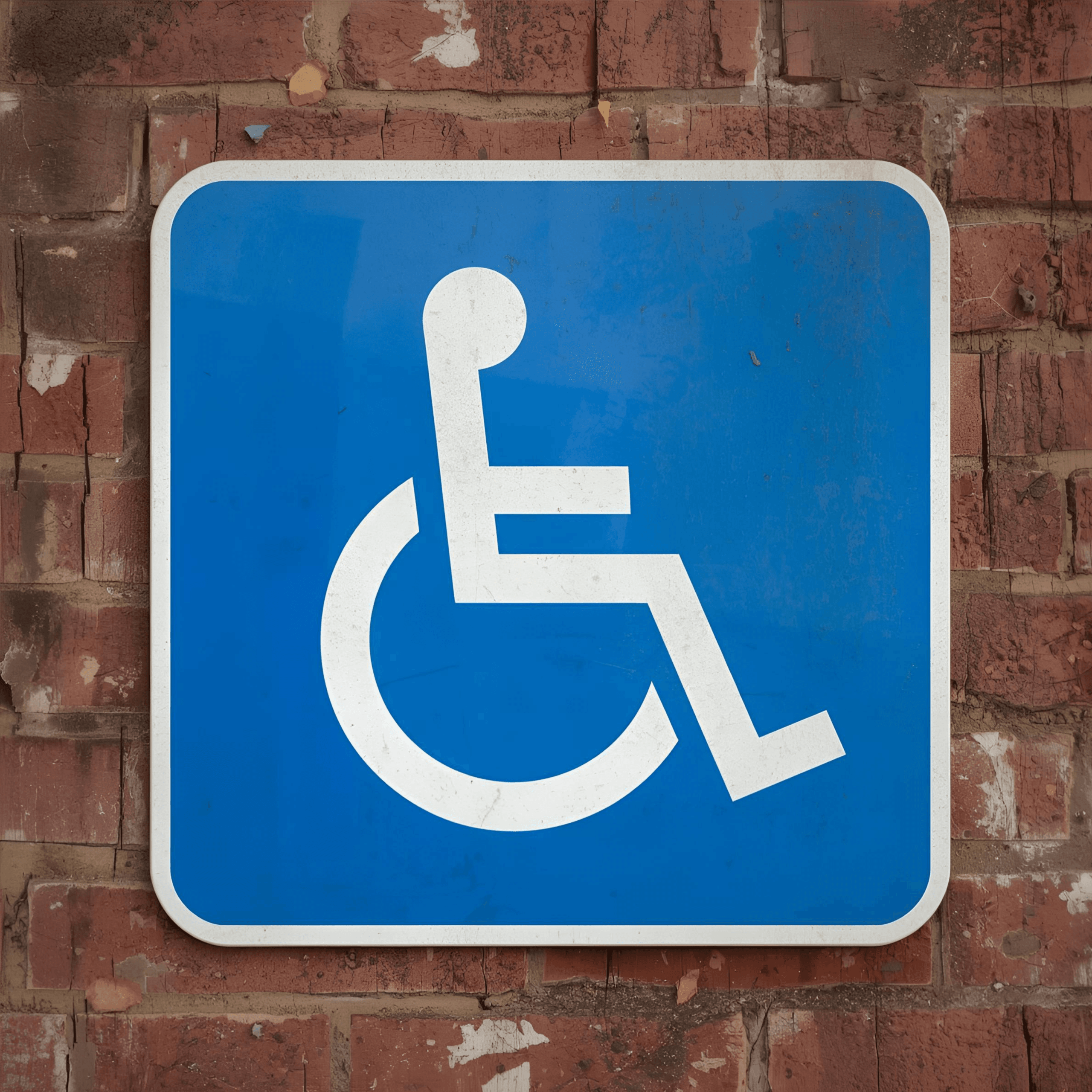 blue and white ada sign on a a brick background