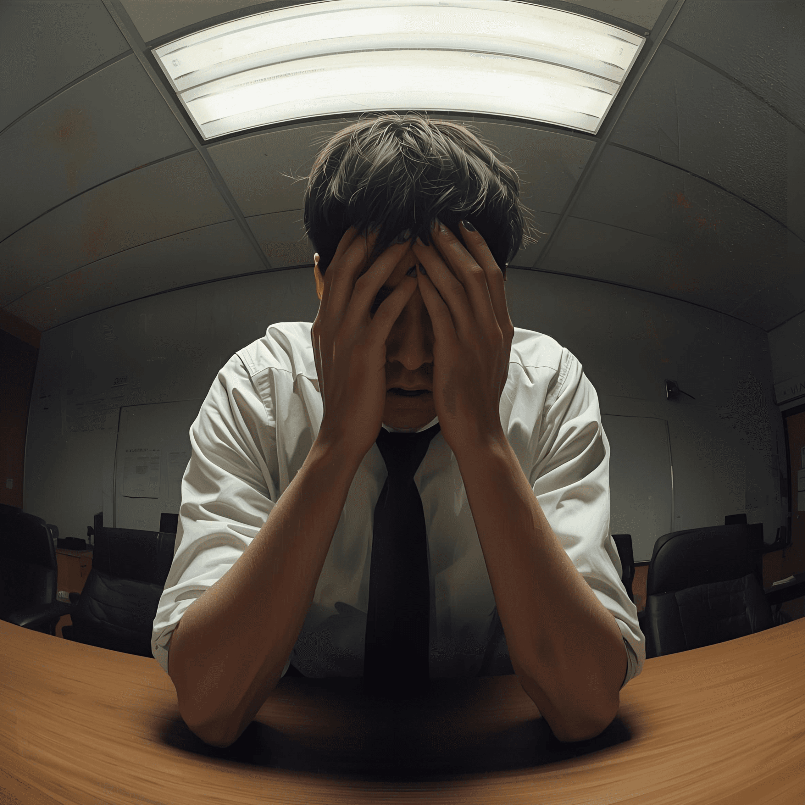 A man wearing a white shirt and black tie sits at a wooden table in a dimly lit conference room, covering his face with both hands in a gesture of stress or despair. The image is taken with a wide-angle lens.