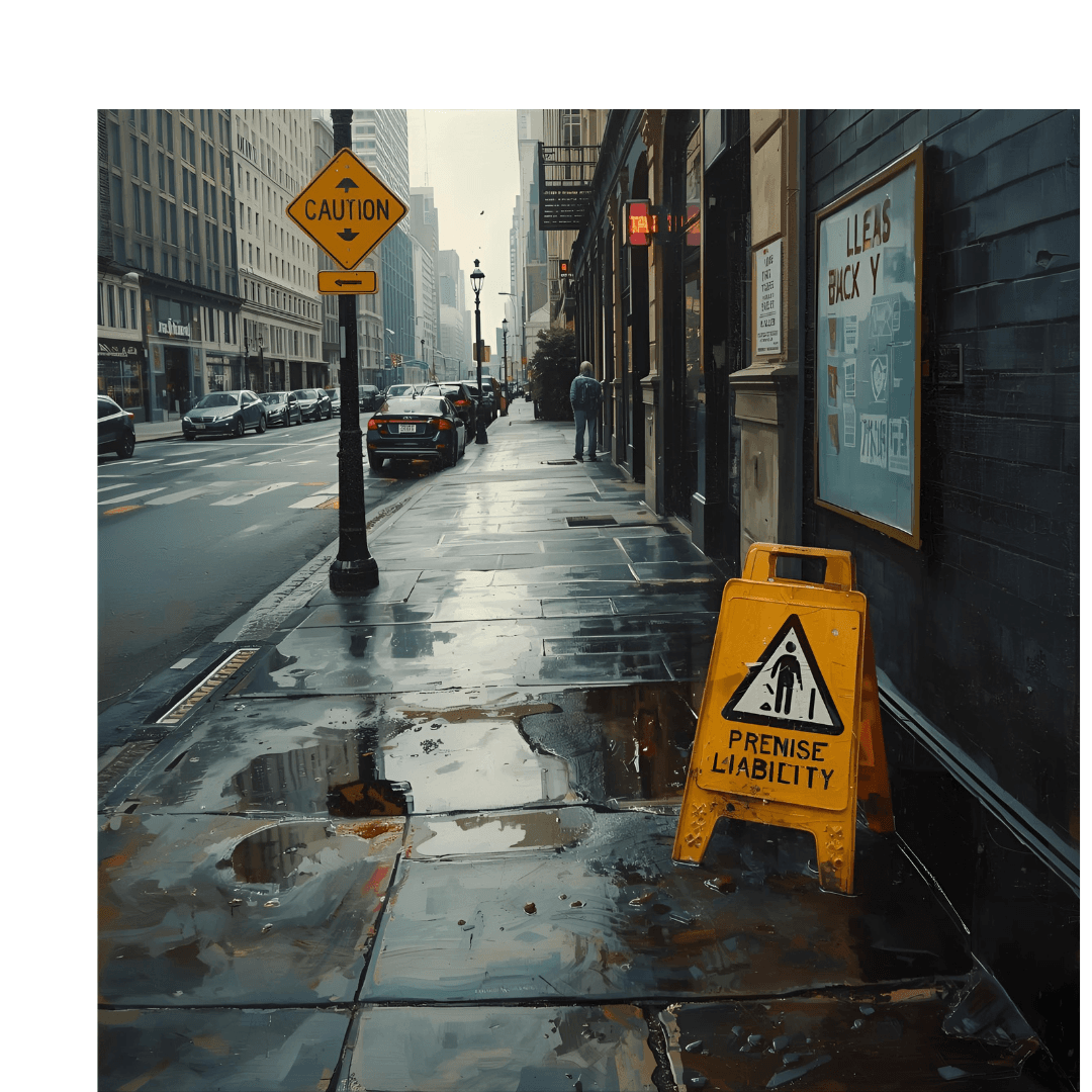A painting of a wet city street scene with puddles, a 'Caution' street sign, and a yellow 'Premise Liability' warning sign on the sidewalk."