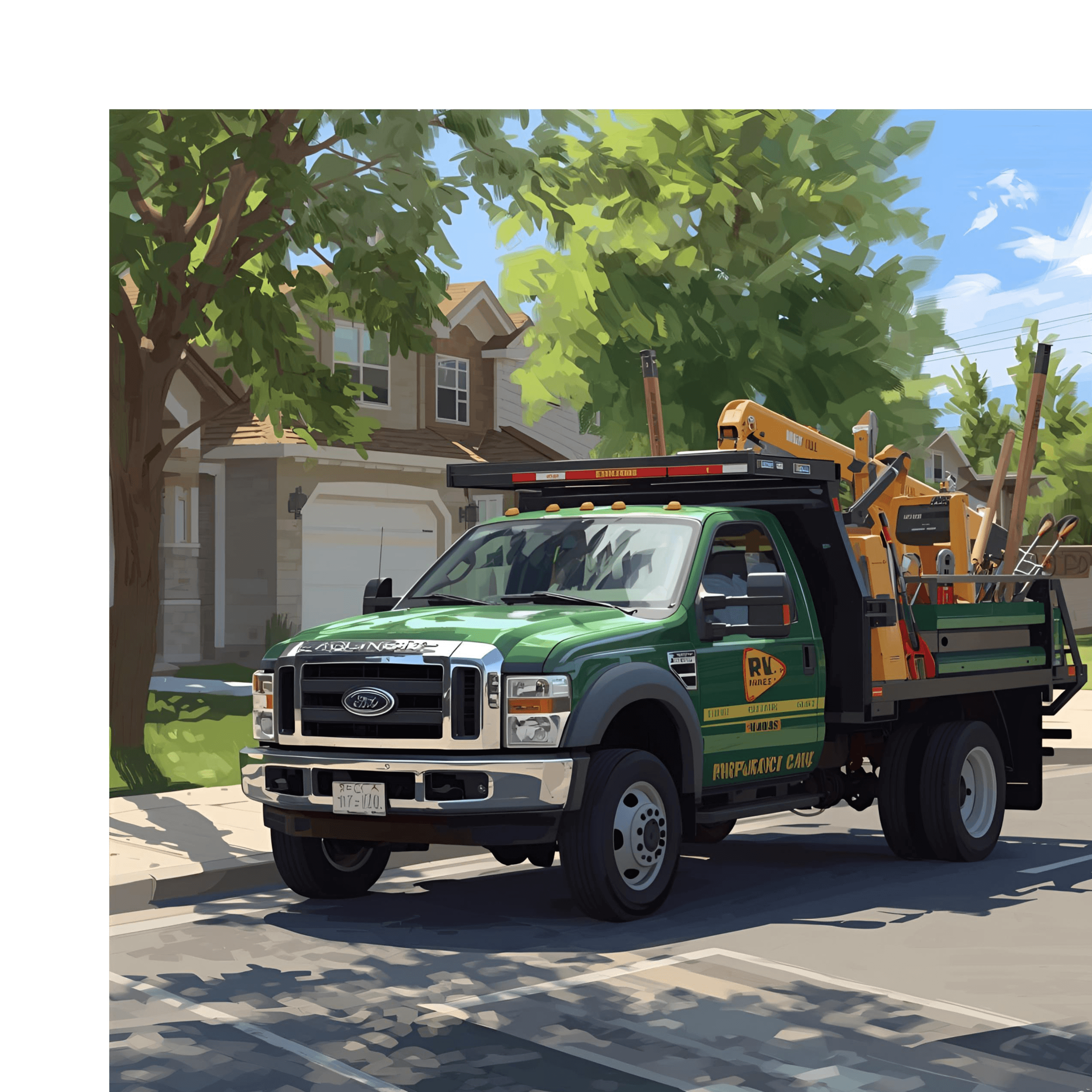 green landscaping truck parked in front of a home.
