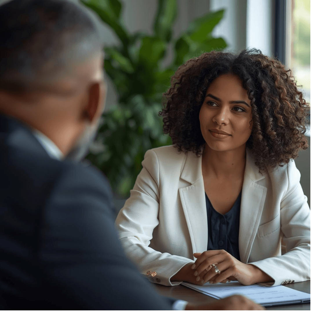 This image shows a focused business discussion between two professionals.
One individual is wearing a white tailored blazer over a dark top.
They appear to be engaged in a meeting, with papers visible on the table.
The setting is a professional office environment.