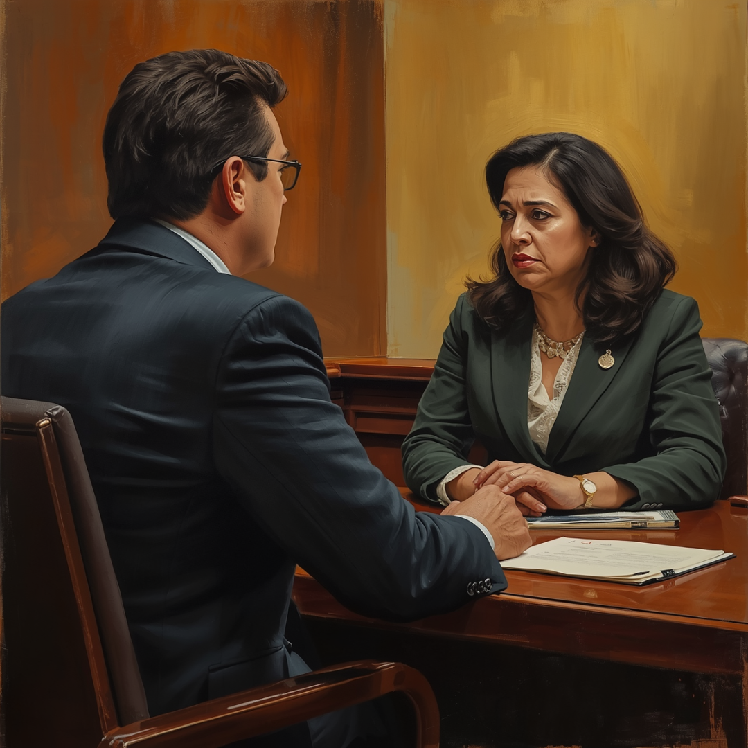 Law firm team sitting at a desk in a dark room discussing an age discrimination case. 